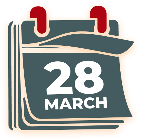 A stylized desk calendar icon with a dark teal page showing '28 MARCH' in bold white text with red binder rings at the top.