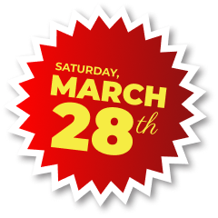 A bright red jagged starburst sticker with white borders containing the yellow text