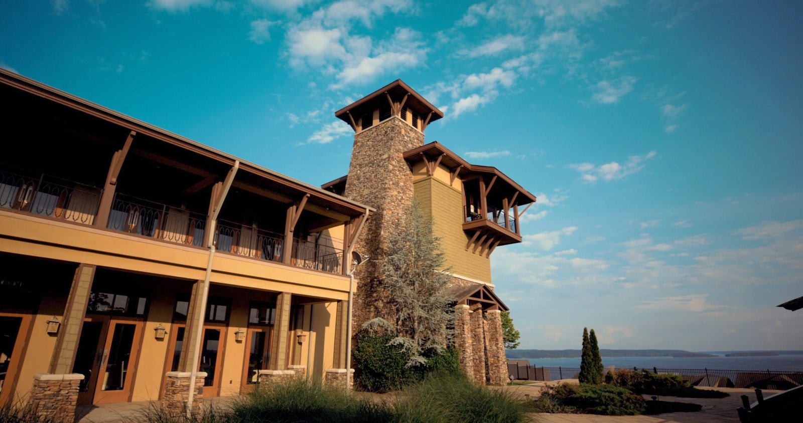 Pickwick Lake gated community clubhouse with stone architecture